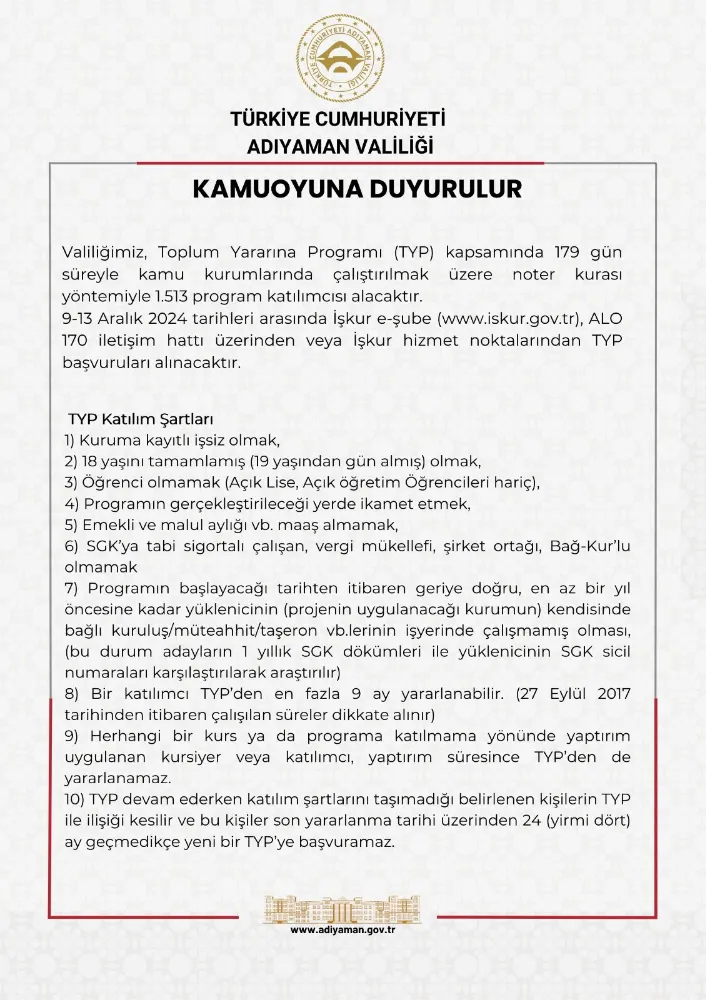 ADIYAMAN VALİLİĞİNDEN DUYURU