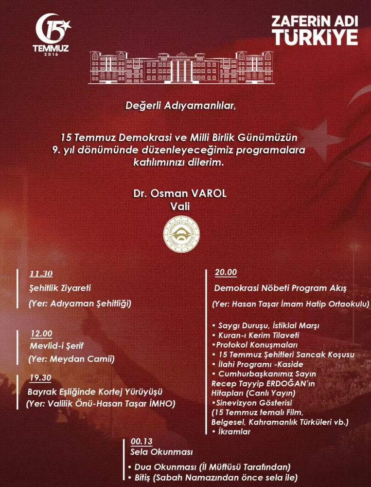 ADIYAMAN VALİLİĞİ 15 TEMMUZ PROGRAMI 