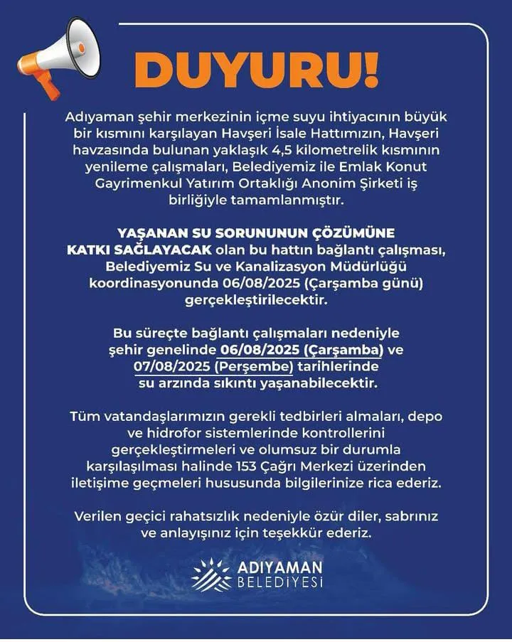ADIYAMAN BELEDİYESİNDEN DUYURU