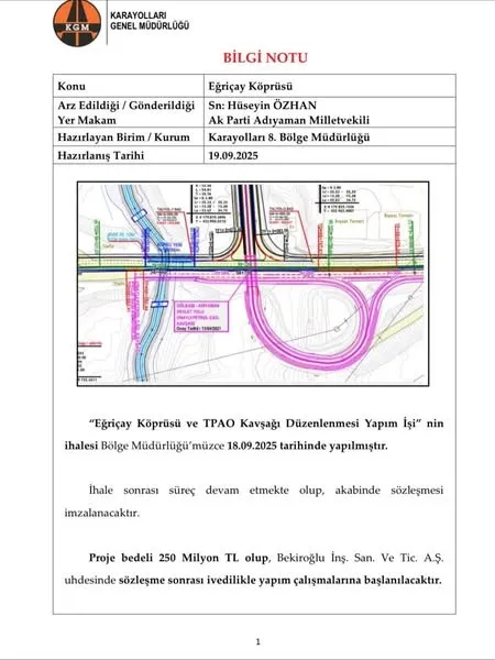 Adıyaman’da Ulaşım İçin Dev Adım: Eğriçay Köprüsü ve TPAO Kavşağı Düzenlenmesi İhalesi Yapıldı